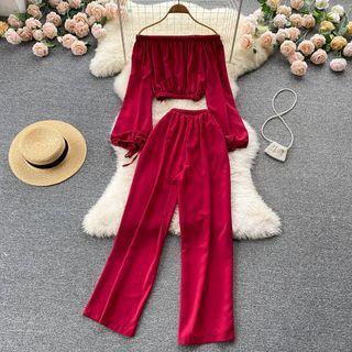 Set Of 2 : Off-shoulder Cropped Drawstring Sleeve Long-sleeve Top + Drawstring Wige-leg Pants