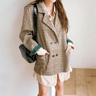 Double-breasted Glen-plaid Blazer Beige - One Size