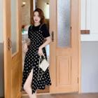 Mock Two-piece Short-sleeve Floral Slit A-line Dress