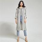 Striped Longline Linen Jacket Beige - One Size