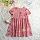 Short-sleeve Gingham Embroidered A-line Dress