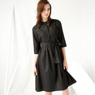 Elbow-sleeve Waist-tied A-line Dress