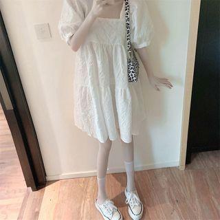 Puff-sleeve Tiered Square-neck A-line Dress