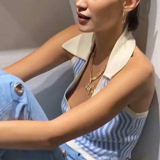 Halter-neck Collared Patterned Knit Crop Tank Top
