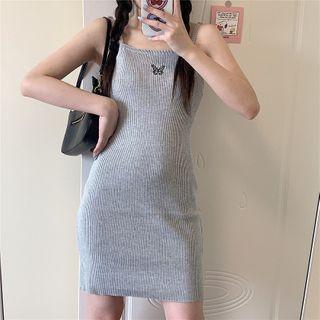 Spaghetti Strap Embroidered Knit Bodycon Mini Dress / Cardigan