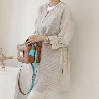 Tab-sleeve Striped-panel Linen Coat