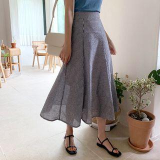 Band-waist Checked Long Flare Skirt Black - One Size