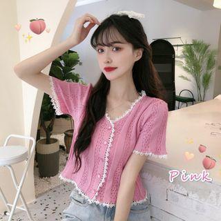 Perforated Lace Trim Short Sleeve Knit Blouse