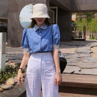 Puff-sleeve Lace-trim Denim Blouse Blue - One Size
