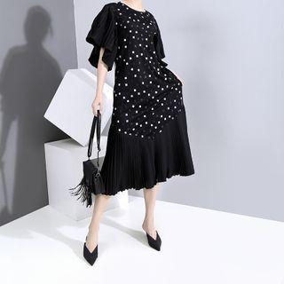 Ruffle Short-sleeve Midi A-line Dress Black - One Size