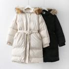 Faux Fur-trim Hooded Padded Coat With Belt