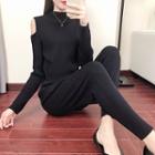 Set: Cold Shoulder Mock Neck Long-sleeve Knit Top + Slim-fit Pants