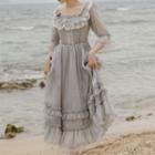 Elbow-sleeve Square Neck Lace Midi Dress