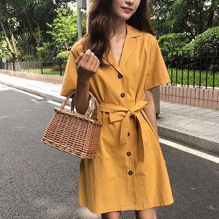 Short-sleeve Sashed Shirt Dress As Shown In Figure - One Size