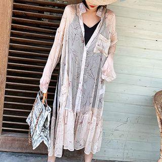 Set: Long-sleeve Printed Midi Shirtdress + Spaghetti Strap Mini Dress