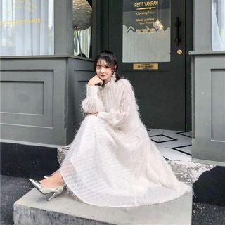 Puff-sleeve Fringed Maxi A-line Dress