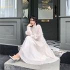 Puff-sleeve Fringed Maxi A-line Dress