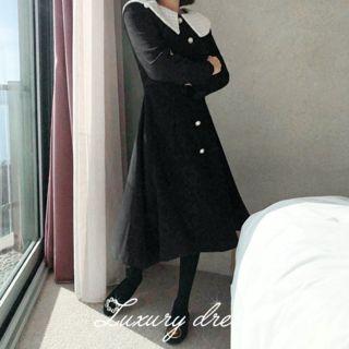 Embroidered-collar Faux-pearl Shirtdress