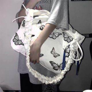 Butterfly Print Canvas Tote Bag White - One Size