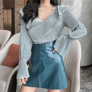 Bell-sleeve Mesh Panel Top / Faux Leather Mini A-line Skirt