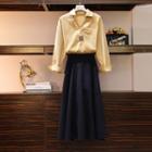 Set: Long-sleeve Overhead Shirt + Midi A-line Skirt