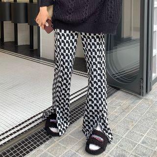 Geometric Print Slit-hem Wide Leg Pants Black & White - One Size