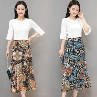Set: Crew-neck Elbow-sleeve T-shirt + Printed Midi Skirt