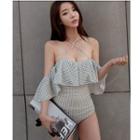 Ruffle Swimsuit Plaid - White & Blue Striped - M
