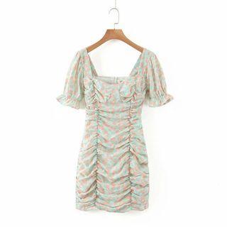 Puff-sleeve Printed Frill Trim Midi A-line Dress