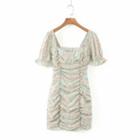 Puff-sleeve Printed Frill Trim Midi A-line Dress