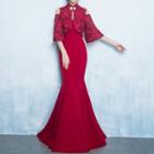 Cut Out Shoulder Elbow Sleeve Evening Gown