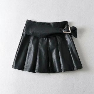 Buckled Faux Leather Pleated Mini A-line Skirt