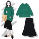 Puff-sleeve Sweater / Asymmetrical Mermaid Pencil Skirt