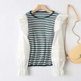Mock Two-piece Puff-sleeve Ruffle Striped Knit Top