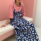 Plain Elbow-sleeve T-shirt / Floral Print Spaghetti-strap Midi Dress