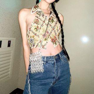 V-neck Halter Floral Print Crop Top