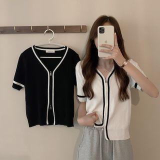 Elbow-sleeve Contrast Trim Zip-up Knit Top