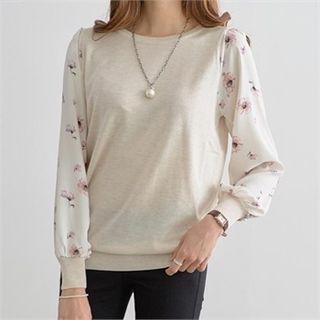 Floral Contrast-sleeve Knit Top