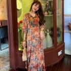 3/4-sleeve Embroidered Floral Print A-line Maxi Dress