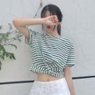 Short-sleeve Knot Front Striped T-shirt