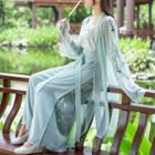 Hanfu Set: Spaghetti Strap Top + Long Jacket + Wide-leg Pants