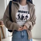 High-neck Ribbed Zip-up Cardigan