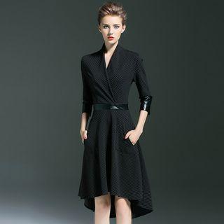3/4-sleeve Polka Dot Chiffon A-line Sheath V-neck Slim Dress