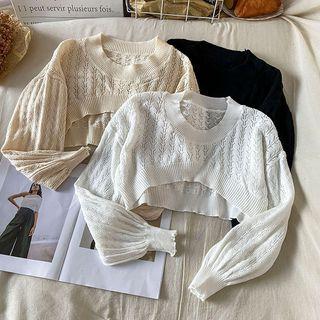 Puff-sleeve Round Neck Plain Crop Knit Top
