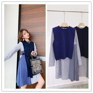 Set: Sweater Vest + Long-sleeve Striped Patchwork Midi Dress