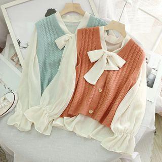 Set : Plain Long-sleeve Shirt With Bow + V-neck Plain Sleeveless Sweater