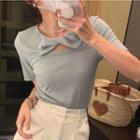 Short Sleeve Knotted Neck Plain T-shirt