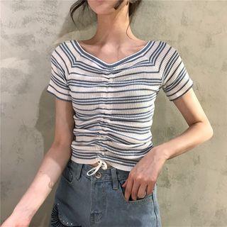 Striped Short-sleeve Drawstring Knit Cropped Top