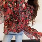 Floral Print Ruffle-trim Chiffon Top Red - One Size