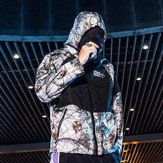 Pattern Panel Lettering Hooded Jacket